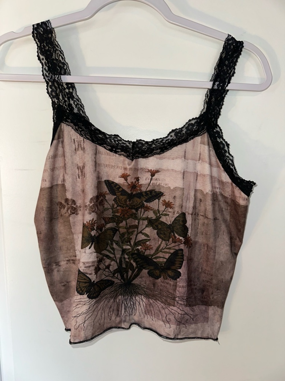Romwe Butterfly Lace-Trim Cropped Cami Top in Taupe & Black Large Junior Girls